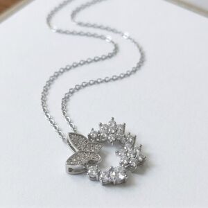 Silver Tone Crystal Butterfly & Floral Wreath Pendant Necklace Elegant CZ